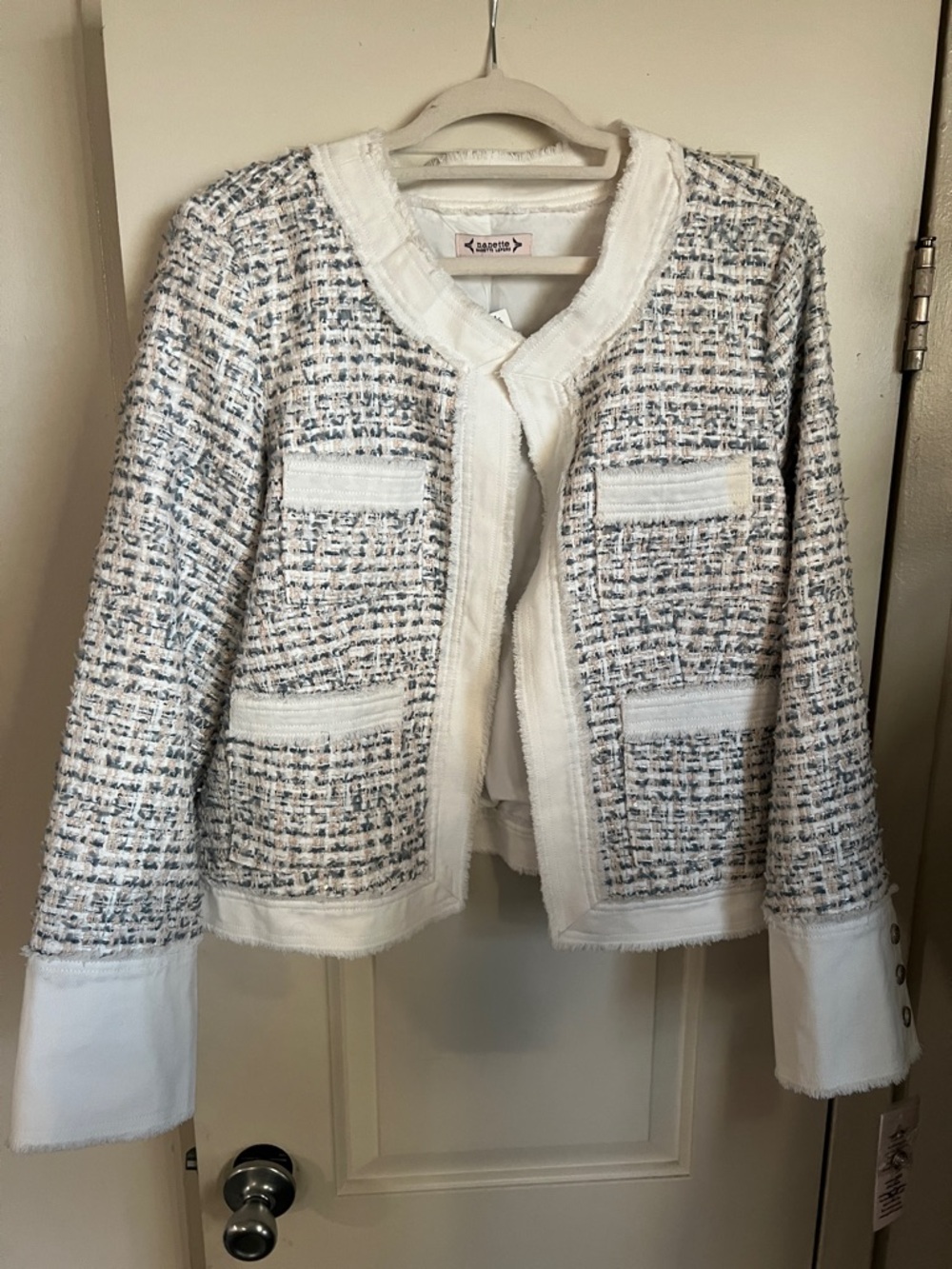 Nanette Lepore White Tweed Fringe-Trim Jacket with Blue Accents